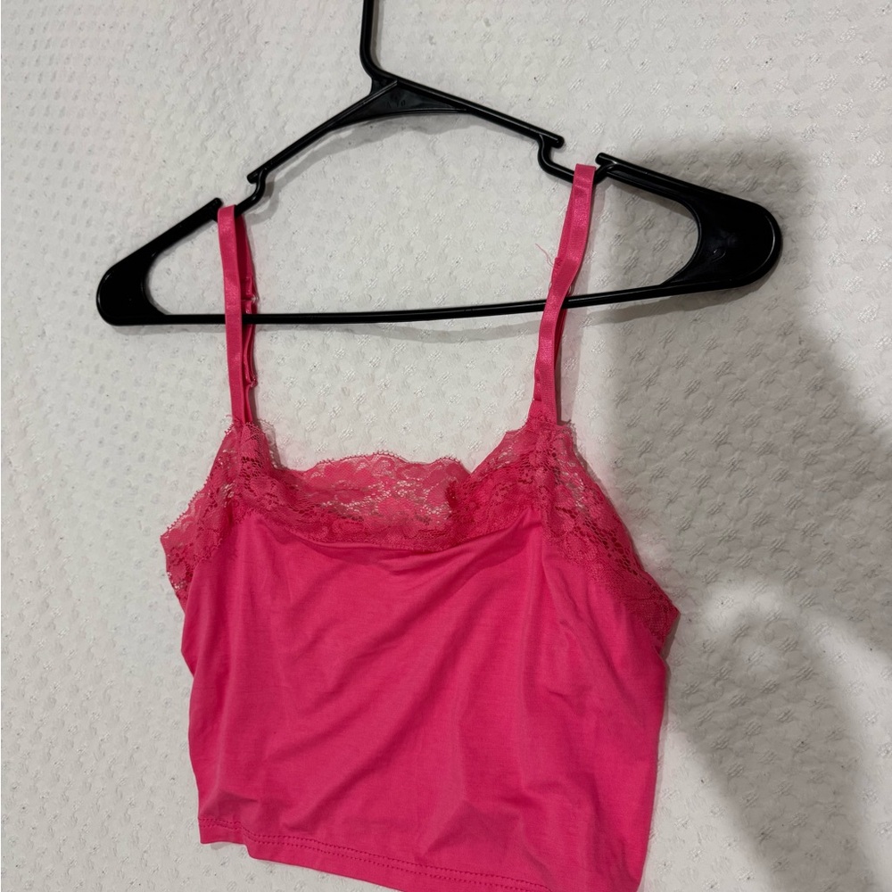 Hot Pink Y2K Lace Trim Cami Tank Top